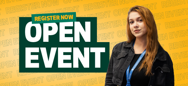 Text on image says "Open Event". A student in a purple shirt with arms crossed looks at the camera.