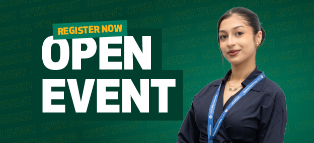 Text on image says "Open Event". A student in a blue shirt looks at the camera.