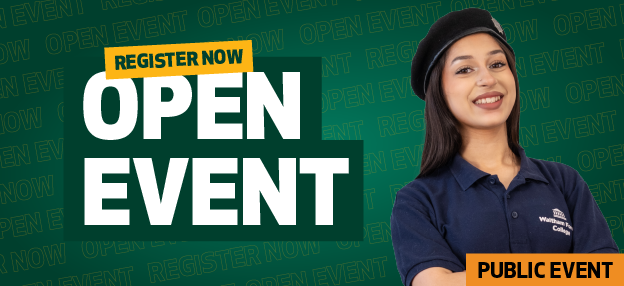 Text on image says "Open Event". A student in a blue shirt with arms crossed looks at the camera.