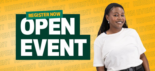 Text on image says "Open Event". A student in a white shirt looks at the camera.