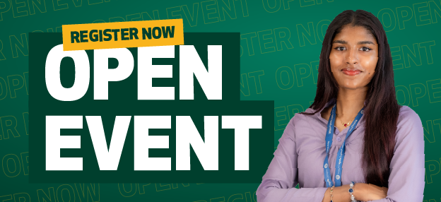 Text on image says "Open Event". A student in a purple shirt with arms crossed looks at the camera.