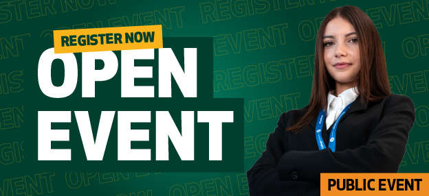 Text on image says "Open Event". A student stands with arms crossed looking at the camera.
