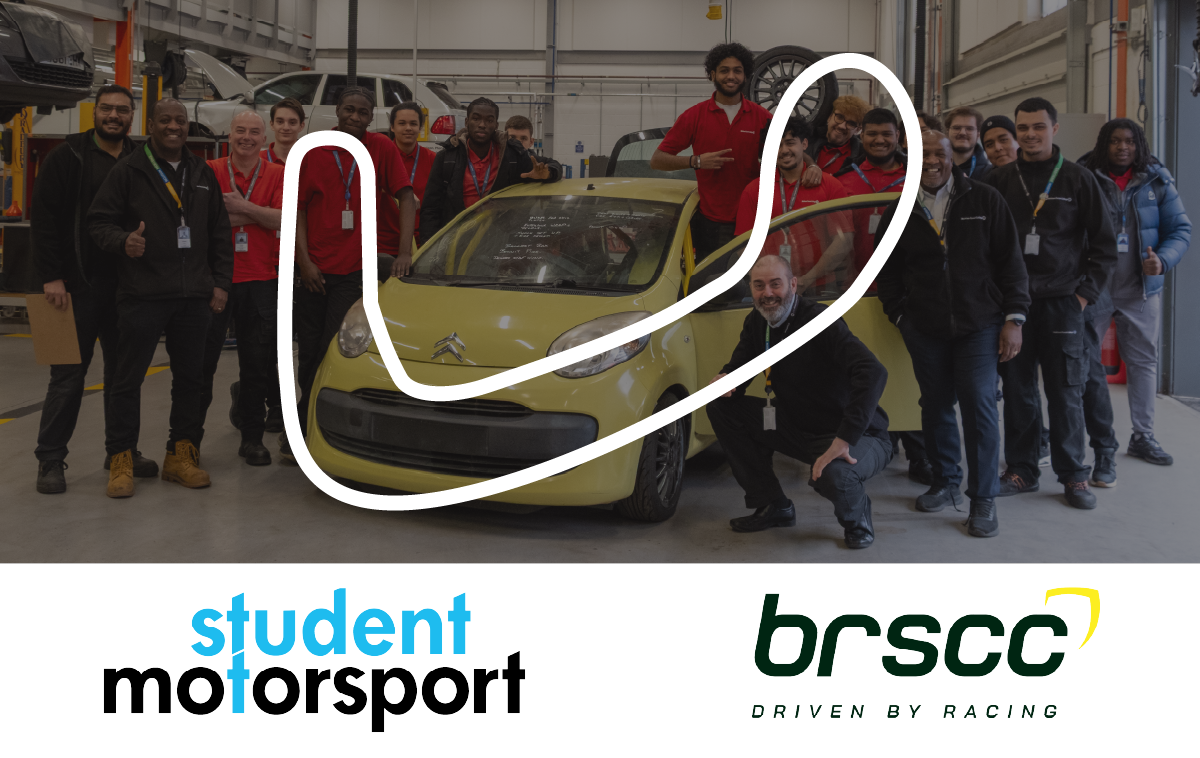 Student stand in front and around their Citroen C1 race car. The racetrack layout is layered on top of the image.