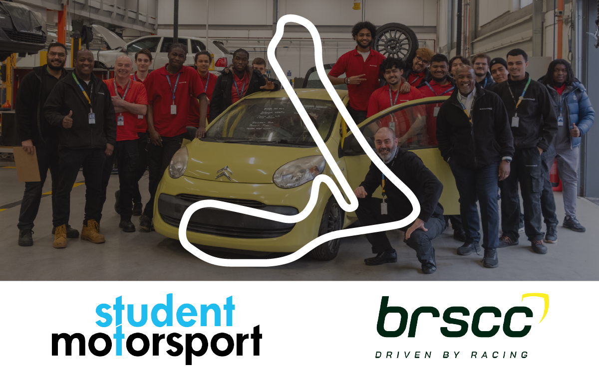 Student stand in front and around their Citroen C1 race car. The racetrack layout is layered on top of the image.