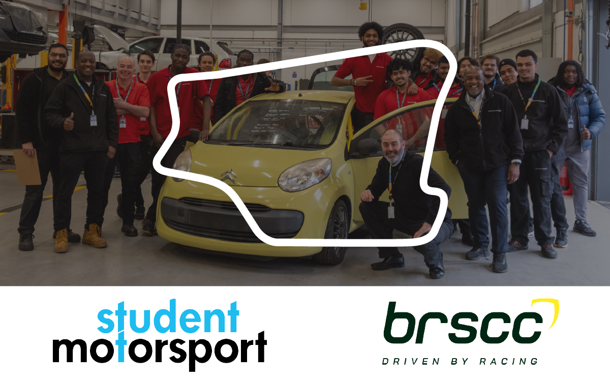 Student stand in front and around their Citroen C1 race car. The racetrack layout is layered on top of the image.