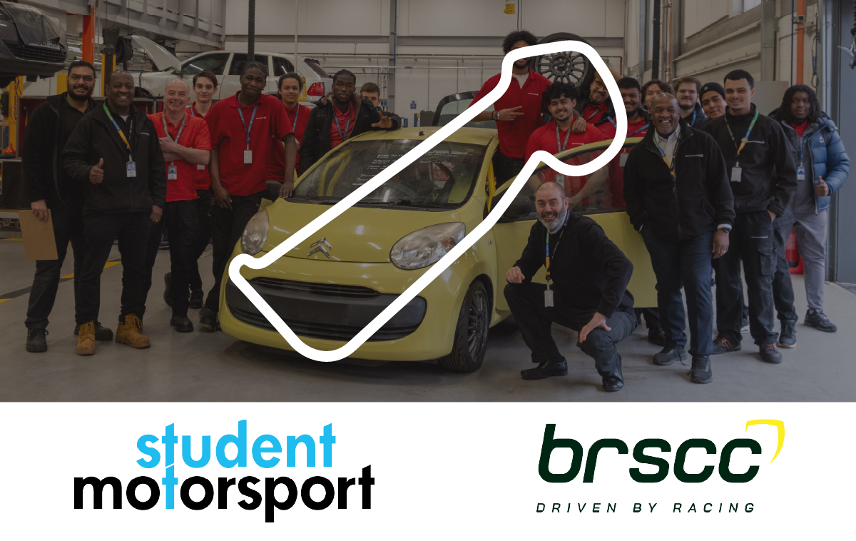 Student stand in front and around their Citroen C1 race car. The racetrack layout is layered on top of the image.