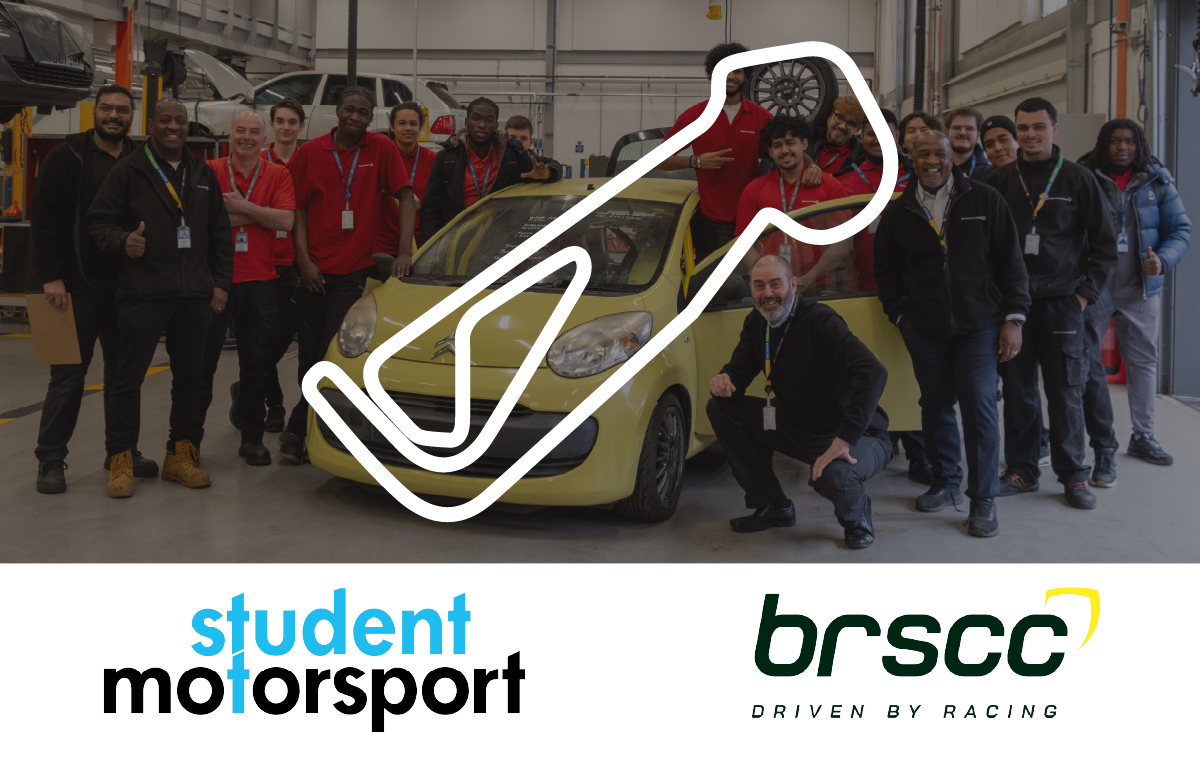 Student stand in front and around their Citroen C1 race car. The racetrack layout is layered on top of the image.
