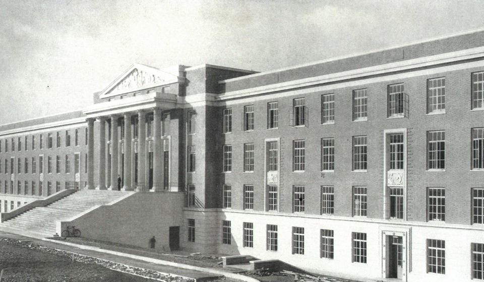 black and white image of a building