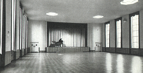black and white image of a big hall