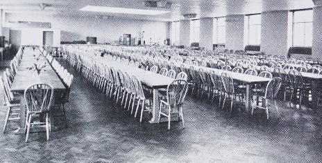 black and white image of a canteen