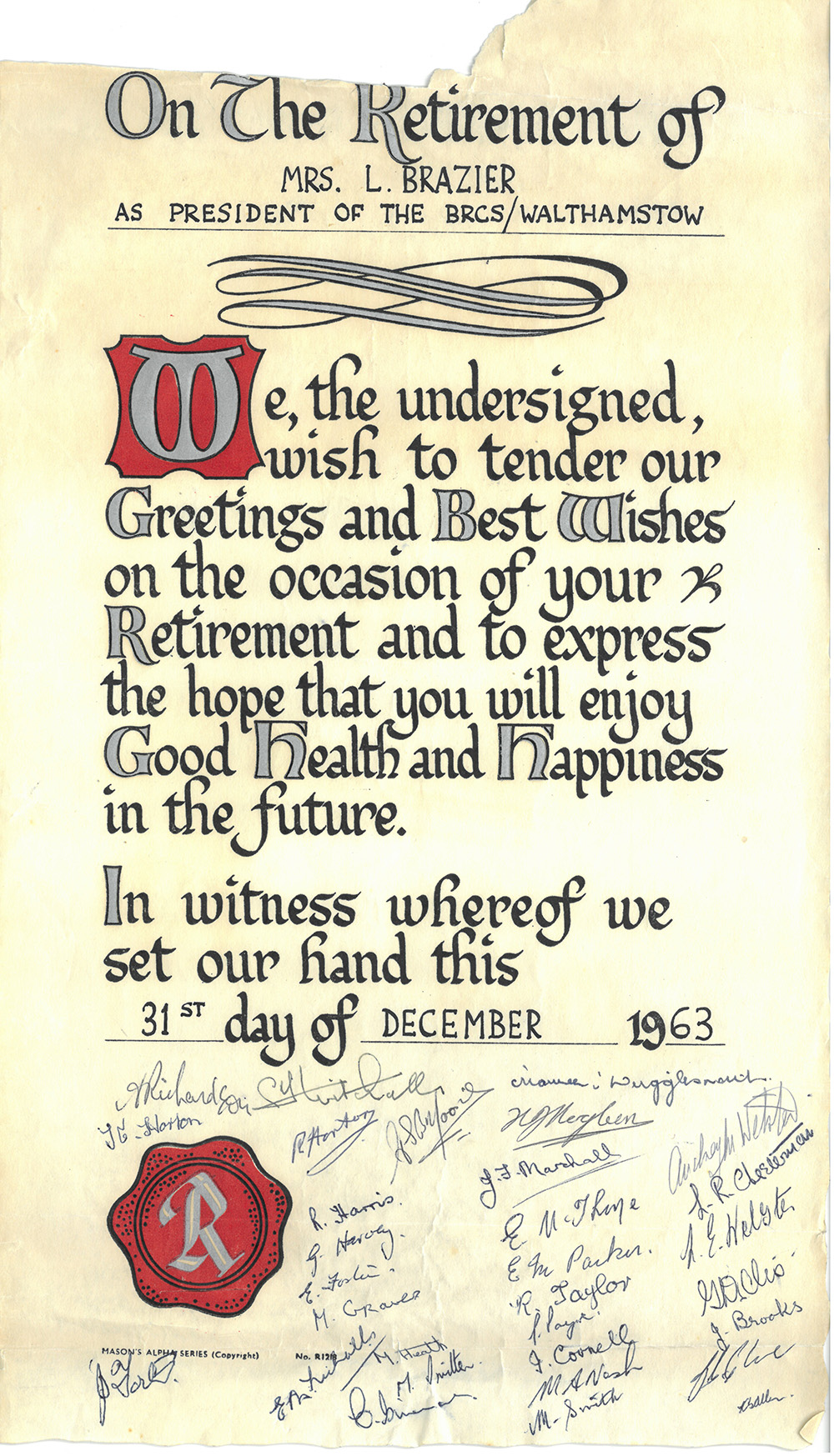 mrs brazier red cross retirement certificate 1963