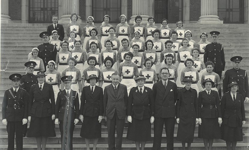 red cross on front steps of south west essex technical college world war 2