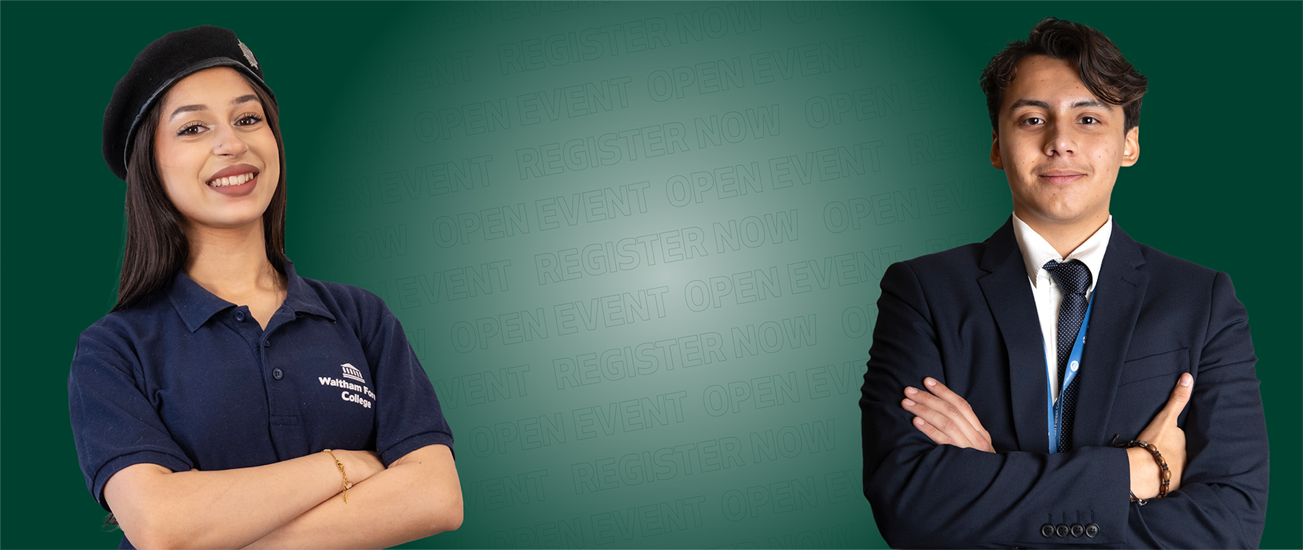 Two students stand looking at the camera with a green background