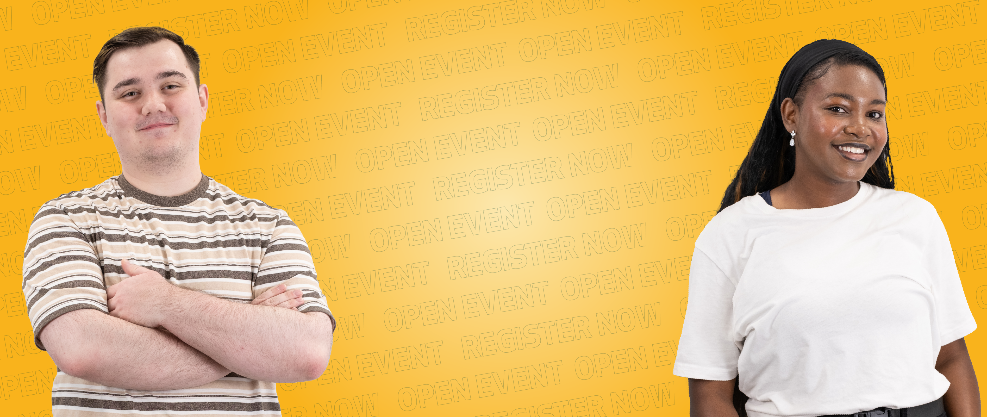 Two students stand looking at the camera with a green background